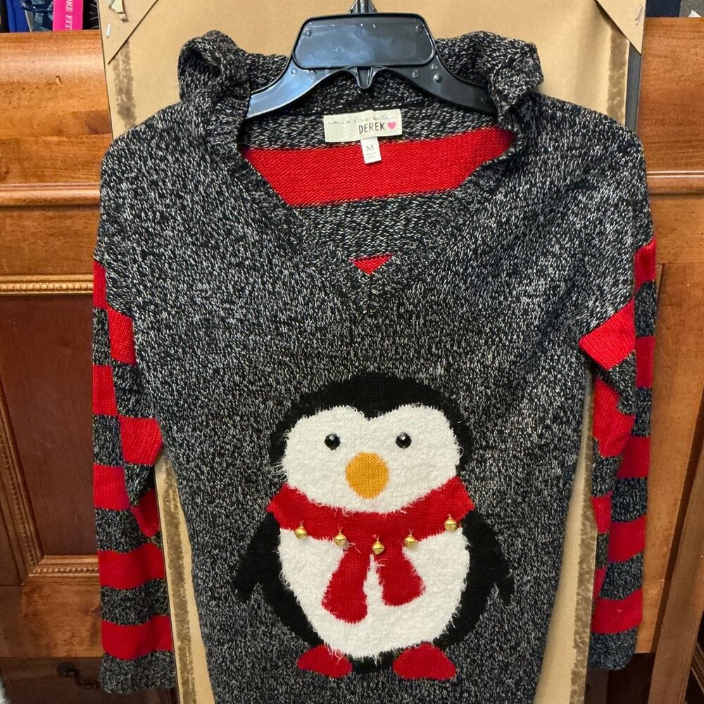 Derek Heart Space Penguin hoodie with 5 gold bells stripe back and sleeves